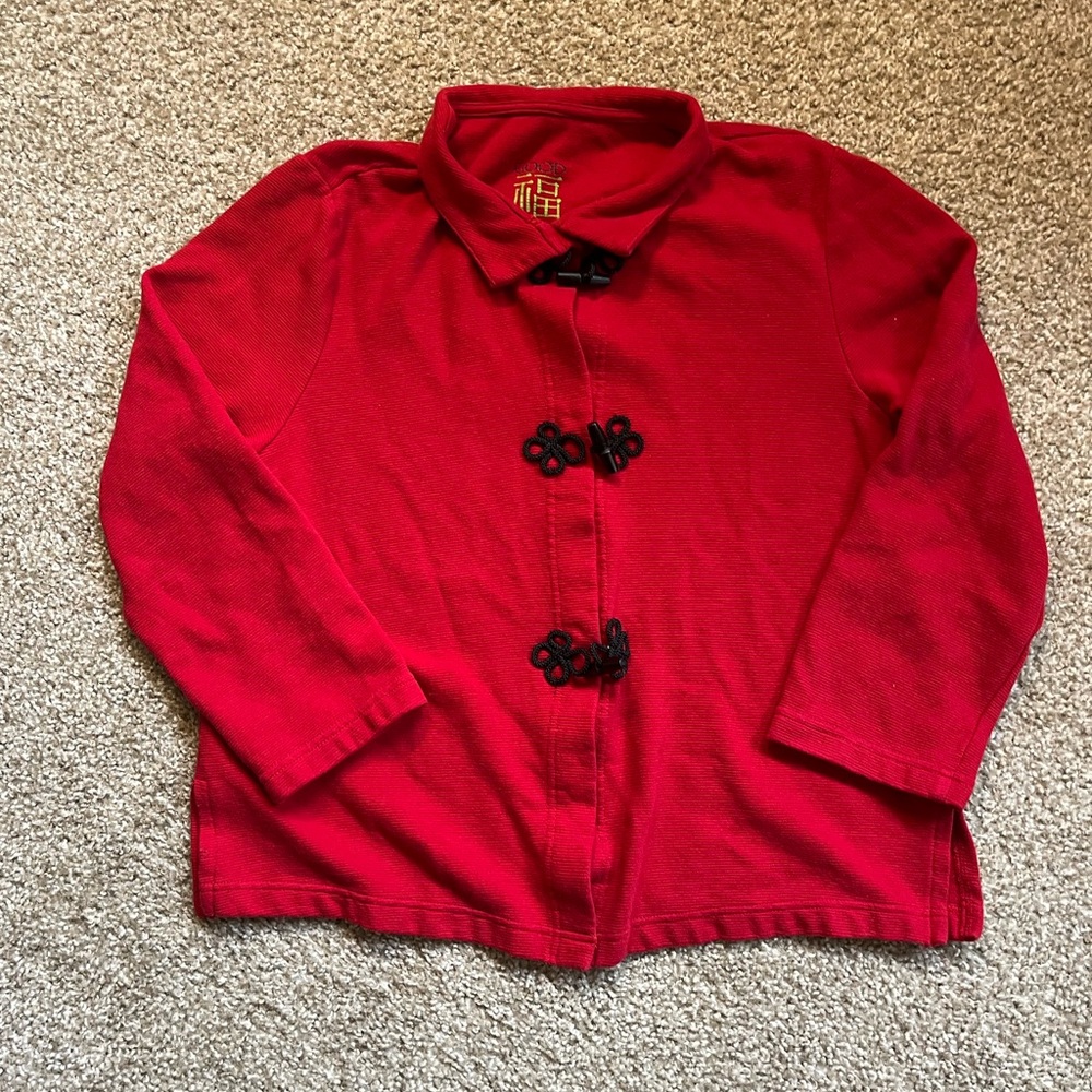 Good Fortune - Vibrant red collared soft jacket w/ snap buttons & flower detail